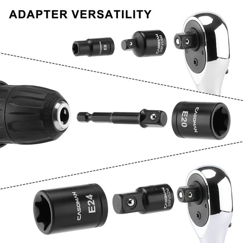 Adapters and sockets from 32 Piece Torx Bit Socket Set With Female External Sockets, 14 Star Bits T8 To T70 And 13 E-Torx Sockets E4 To E24