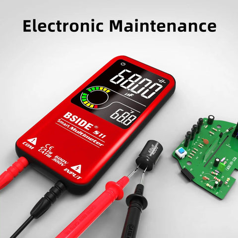 Color LCD Digital Multimeter With 3 Display 9999 Counts Auto Ranging Ohmmeter showing capacitance on a circuit board