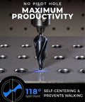Four Spiral Flute Cobalt Step Drill Bit Pro 1/4 To 3/4 Inch in action on metal plate, self-centering 118° split point