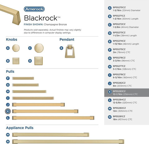 Champagne Bronze Cabinet Pull From Blackrock Collection For Cabinets And Furniture With 11 Inch Overall Length And About 10 Inch Center To Center Mounting By Amerock, showing product lineup with knobs and pulls.