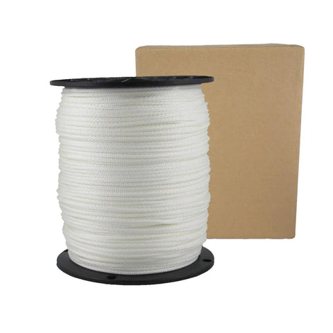 Multipurpose One Eighth Inch White Polyester Rope With Solid Braid Dacron Utility Cord 1000 Ft Spool alongside a cardboard box.