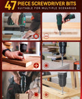 Close-up of 47 drill bits used in different scenarios, showing versatility of 400 Piece Drill Bit Set With Drawer Case For Metal Wood And Masonry Pro Grade Drill And Screwdriver Bit Kit For Quick Drilling And Driving Perfect For DIY Projects.