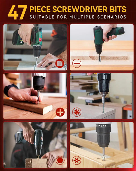 Close-up of 47 drill bits used in different scenarios, showing versatility of 400 Piece Drill Bit Set With Drawer Case For Metal Wood And Masonry Pro Grade Drill And Screwdriver Bit Kit For Quick Drilling And Driving Perfect For DIY Projects.