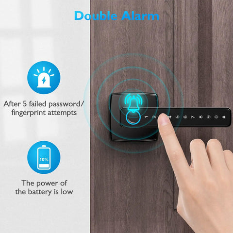 Fingerprint Door Lock with Keyless Entry, Bluetooth Smart Lock, warning icons displayed for failed attempts and low battery