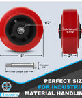 Five Inch By Two Inch Polyurethane Caster Wheels Set Of Four Heavy Duty Polyolefin Core Industrial Caster Wheels With 3200 Lbs Load Capacity For Warehousing And Material Handling Ideal For Carts Dollies And Heavy Equipment On Concrete with dimensions and hardware.