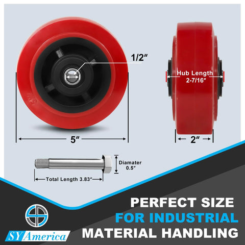 Five Inch By Two Inch Polyurethane Caster Wheels Set Of Four Heavy Duty Polyolefin Core Industrial Caster Wheels With 3200 Lbs Load Capacity For Warehousing And Material Handling Ideal For Carts Dollies And Heavy Equipment On Concrete with dimensions and hardware.