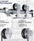 Close-up of heavy duty stainless steel 5 feet top mount sliding barn door hardware kit for 30 inch doors, nylon wheels