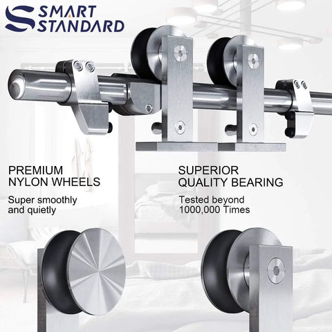 Close-up of heavy duty stainless steel 5 feet top mount sliding barn door hardware kit for 30 inch doors, nylon wheels