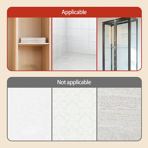 Chart showing applicable and not applicable surfaces for Removable Cabinet Shelf Brackets With Clear Adhesive Backing No Drill Installs Instantly And Stays Solid For Damage Free Wall Mounts Space Saving Storage For Renters Apartments Closets Cabinets And Shelves