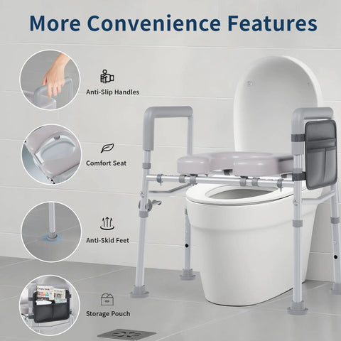 Adjustable Raised Toilet Seat With Plush Padded Cushion And Sturdy Safety Handles Built Tough 450 Lb Capacity Kick Back Comfort Tailored Like A Glove For Seniors And Easy Bathroom Access