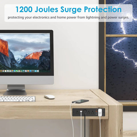 Flat Plug Recessed Power Strip With 5 AC Outlets And 6 USB Ports, Dope Setup With Surge Protection in a home office desk setup