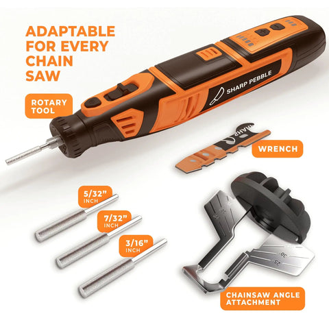 Cordless Electric Chainsaw Sharpener Kit with chain saw sharpener tool, four file size sharpening wheels, angle guide, wrench