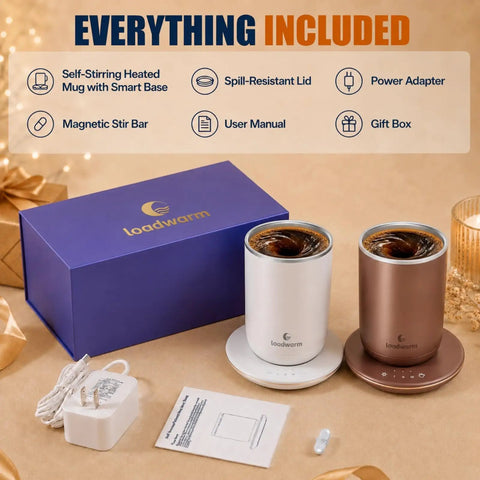 Kick The Spoon Habit With This Slick Set Of Two 10oz Self Heating Coffee Mugs Featuring Magnetized Vortex Stirring And Smart Temperature Control For Flawless Matcha Mixes And All Day Sipper Vibes with accessories on display.