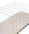 8 Pack Acrylic Shelf Dividers for Closet Organization, clear storage spacers sitting on a wooden shelf, showing adjustable design