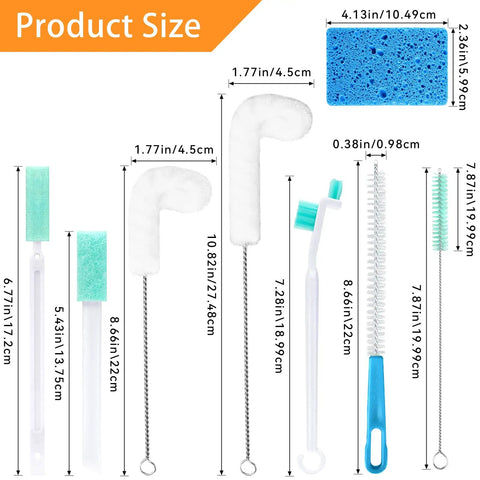 Product size of Ten Piece Ice Maker Cleaning Brush Set With Scrub Sponge And Bendable Elbow Right Angle And Pipe Brushes