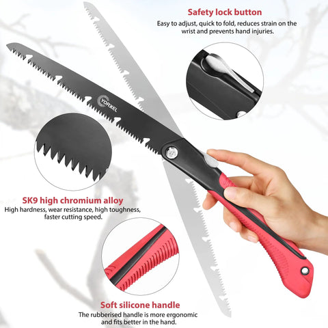 10 Inch Folding Camping Saw With High Carbon SK9 Steel Teflon Coated Rust Resistant Blade 2 Locking Positions held in hand