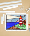 Pro Grade Stained Glass Layout Block Kit Comes With Eighty Durable Push Pins Includes 12 8 6 And 3 Inch Templates arranged with stained glass lighthouse design.