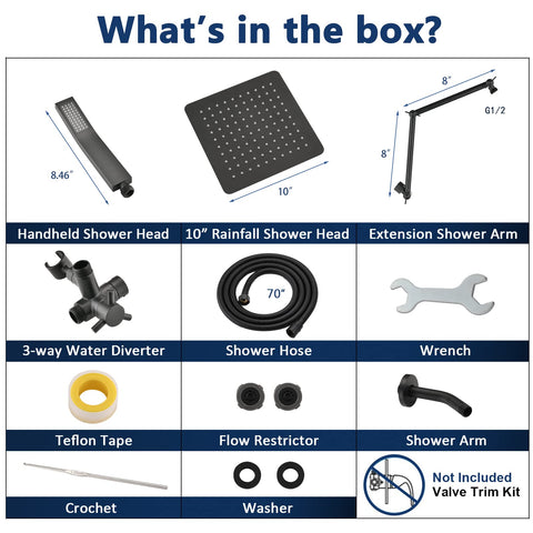 All Metal Shower Head And Handheld Combo For High Pressure with 10 Inch Rainfall Head and 70 Inch Hose contents overview