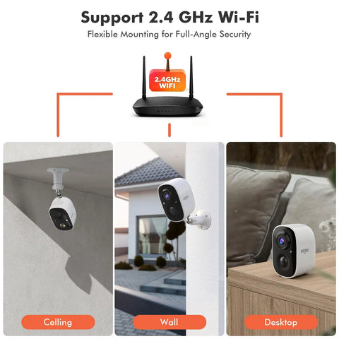 2K Battery Powered Wireless Outdoor Security Camera Kit With Spotlight And Siren Alarm mounted on ceiling, wall, and desk