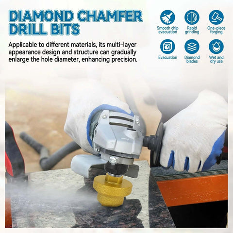 Diamond step drill bit in gold attached to a handheld grinder, drilling a round hole in a stone countertop.
