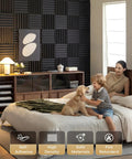 Premium Soundproof 36 Pack Wedge Acoustic Foam Panels Self Adhesive Wall Tiles High Density Fire Resistant Audio Dampening Treatment For Home Studio And Gaming Den Room Vibes Black on stylish living room wall.