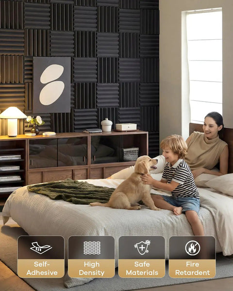 Premium Soundproof 36 Pack Wedge Acoustic Foam Panels Self Adhesive Wall Tiles High Density Fire Resistant Audio Dampening Treatment For Home Studio And Gaming Den Room Vibes Black on stylish living room wall.
