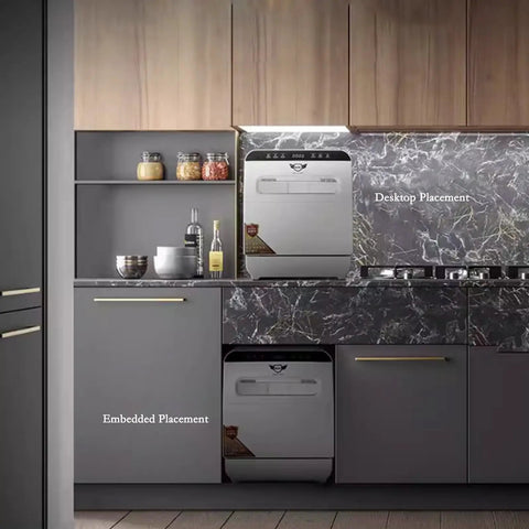 Installation Free Compact Desktop Dishwasher With Slick Pull Out Tray And Heavy Duty Triple Filter Zero Plumbing Drama Smart Countertop Washer in a modern kitchen.