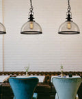 Industrial Nautical Glass Pendant Light 13.5 Inch Transparent Clear Ceiling Chandelier Hanging Fixture Black Finish For Kitchen Dining Bar Cafe 40W Max With 2 Year Warranty over a dining table setting.