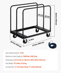 Black Beefy Heavy Duty Folding Table Cart with 1800 lb load capacity, steel frame, 5 inch swivel casters, strap shown next to cart.