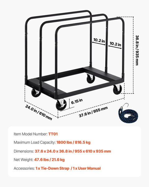 Black Beefy Heavy Duty Folding Table Cart with 1800 lb load capacity, steel frame, 5 inch swivel casters, strap shown next to cart.