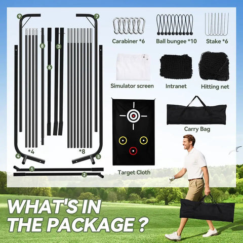 Components of Backyard Easy Setup Golf Net With High Definition Impact Screen and Target Cloth displayed with carry bag and user