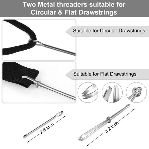 Two metal threaders from 16 Piece Drawstring Threader Kit For Hoodies Jackets Coats Pants And Shorts With Elastic Threaders Loop Turner Hooks Metal Threaders Tweezers Plastic Threaders And Cord Locks For Easy Do It Yourself Repairs All In One, suitable for circular and flat drawstrings.