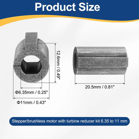 uxcell shaft sleeve front and side views, 6.35–11 mm bore adapter, 20.5 mm long metal turbine reducer sleeve