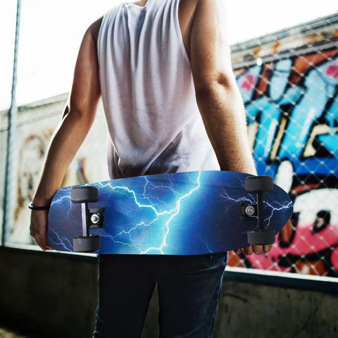 Person holding skateboard with Electric Blue Lightning Skateboard Grip Tape For Longboards Anti Slip Wear Resistant Peel And Stick