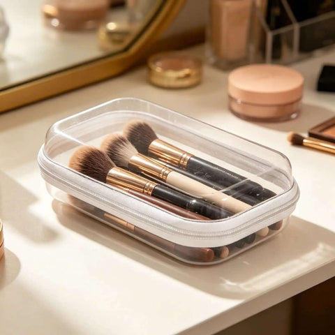 Six Pack Clear Hard Shell Zipper Cases Built Like A Tank With Solid Pet Plastic Keeps Tech And Cards Smash Free Stackable Measures Seven Point Nine By Four Point Seven By Two Inches Ultimate Setup with makeup brushes inside.