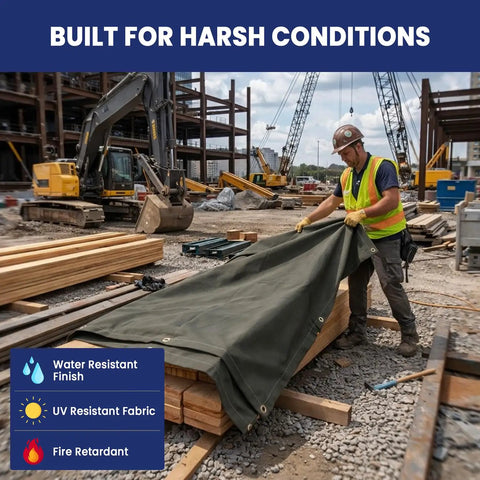 Worker covering lumber with 5x7 Ft Fire Retardant Canvas Tarp 27 Mil Heavy Duty Industrial Grade With Brass Grommets Olive Drab on construction site.