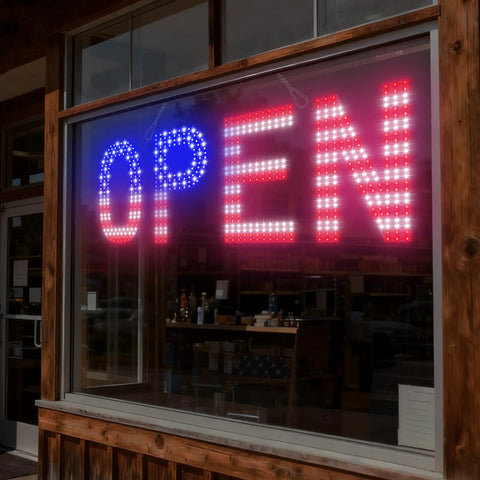 Large 30 By 10 Inch LED Open Sign With Remote, 12 Scene Modes, Ultra Bright Blue White Red US Flag Style Open Sign For Window Storefront Shop Bar Cafe, Dimmable And Eye Catching in store window