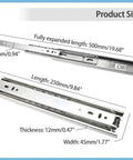 10 Inch Full Extension Ball Bearing Drawer Slides with measurements showing length, width, and thickness.