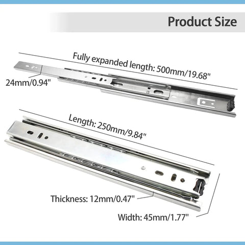 10 Inch Full Extension Ball Bearing Drawer Slides with measurements showing length, width, and thickness.