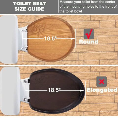 Round Wood Toilet Seat With Durable Chrome Hinges, Natural Oak Veneer Finish shown in size comparison guide