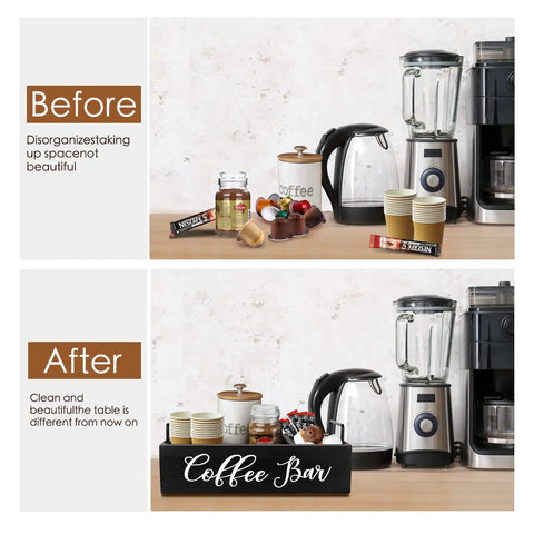 Before and after view with Coffee Bar Organizer For Countertop Wooden Farmhouse Style K Cup Pod Storage Basket in use.