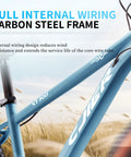 Close-up of blue Kids Mountain Bike For Boys And Girls 24 or 26 Inch with internal wiring on carbon steel frame in field