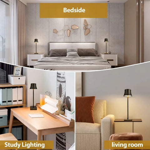 Cordless LED Desk Lamp Pack Of 2 displayed as bedside, study lighting, and living room table lights, copper finish for versatile use.