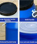 Close-up of Food Grade Plastic Sealed Storage Barrel With Inner And Outer Double Seal Screw Lid, Airtight Heavy Duty Water 8 Gallon Blue