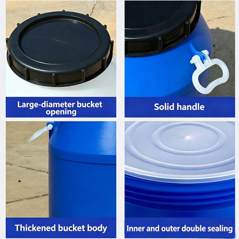 Close-up of Food Grade Plastic Sealed Storage Barrel With Inner And Outer Double Seal Screw Lid, Airtight Heavy Duty Water 8 Gallon Blue