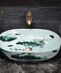 Super Chic Oval Above Counter Bathroom Vanity Vessel Sink Premium Porcelain Ceramic Washbasin with floral design, 57 by 39 cm.