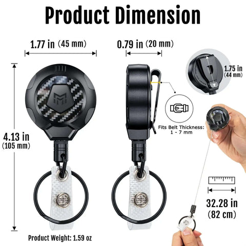 Dimensions and features of Upgraded Heavy Duty Retractable Keychain With Belt Clip And 31.5 Inch Stainless Steel Cord 10 Oz Retraction
