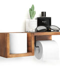 Wooden Toilet Paper Holder Wall Mount With Shelf Farmhouse Bathroom Storage Rack for tissue rolls, plant, and accessories.