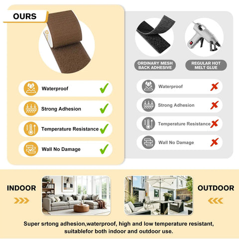 Brown 2 X 5 Inch Heavy Duty Hook And Loop Strips With Sticky Back Adhesive Mounting Tape for Furniture Cabinets features waterproof and strong adhesion.