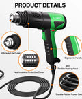1800W Industrial Heat Gun With Lightning Fast Heat Up 122F To 1202F Variable Temperature Control Overheat Protection Dual Air Speed Settings And 4 Nozzles For Crafts Shrinking Tubing Vinyl Wrap SG1004 showing ergonomic handle and features.